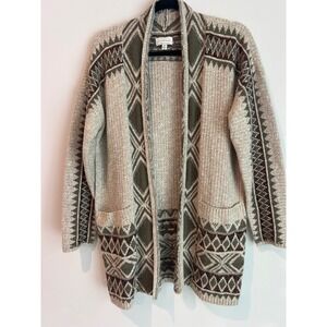 Lucky Brand Women's Geometric Pattern Open Front Cardigan Sweater Khaki Olive